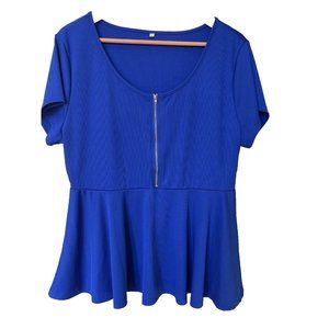 Ladies Blue Short-Sleeve Peplum Top With Front Gold Zipper Detail, 3XL, plus siz